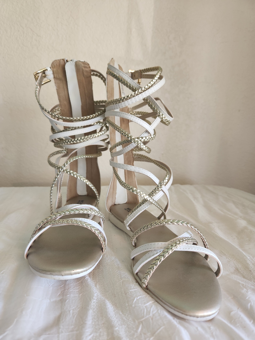 Michael Kors White and Gold Braided Gladiator Sandals